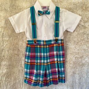 Kids Plaid Suspenders Outfit with Bow Tie